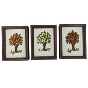Set 3 Retro Vintage 1970's Framed CREWEL EMBROIDERY PICTURES Fruit Trees Spheres